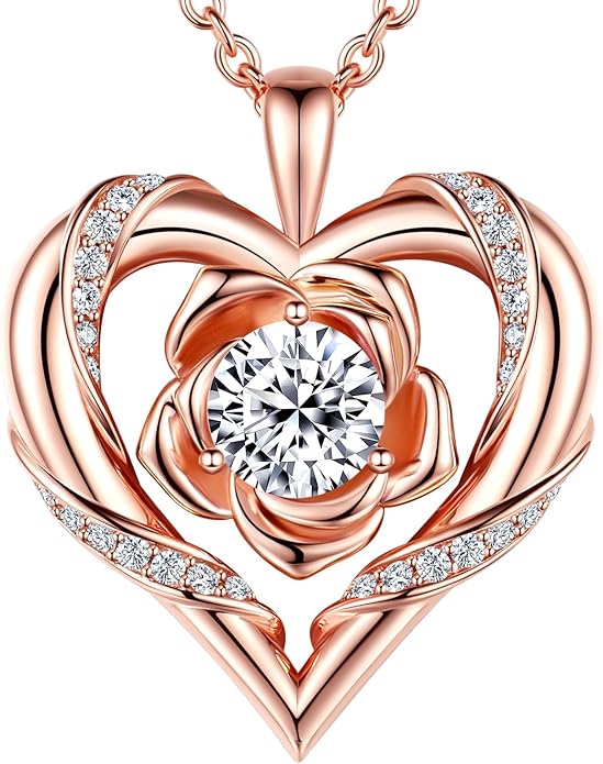 Beam & Bask Rose Heart Moissanite Necklace – 18K Gold Plated S925 Silver Pendant for Women
