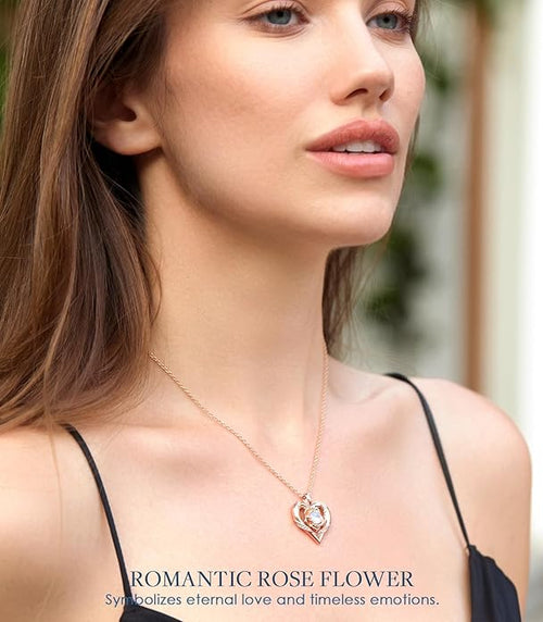 Beam & Bask Rose Heart Moissanite Necklace – 18K Gold Plated S925 Silver Pendant for Women