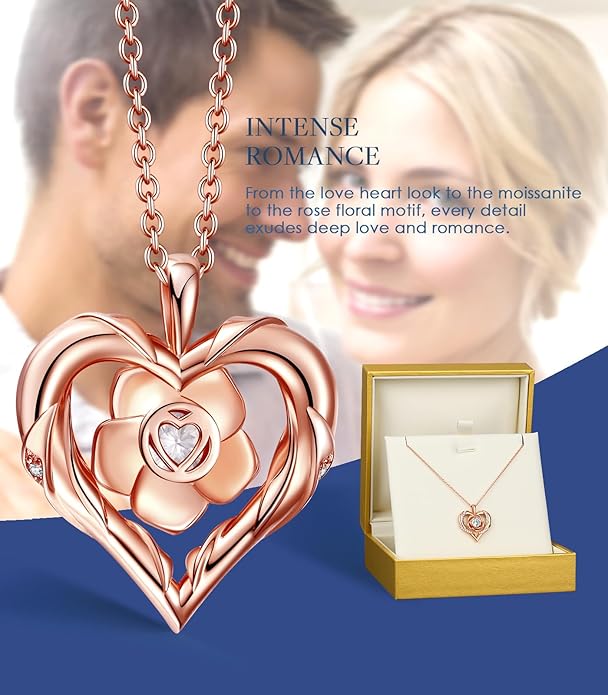 Beam & Bask Rose Heart Moissanite Necklace – 18K Gold Plated S925 Silver Pendant for Women